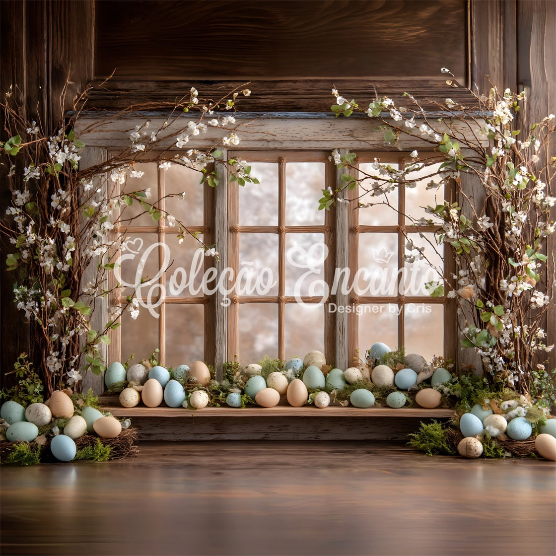 Hintergrund mit Eiern Rustikales Fenster Blumenblüten Hintergrundideen für Osterfotos Von Magali