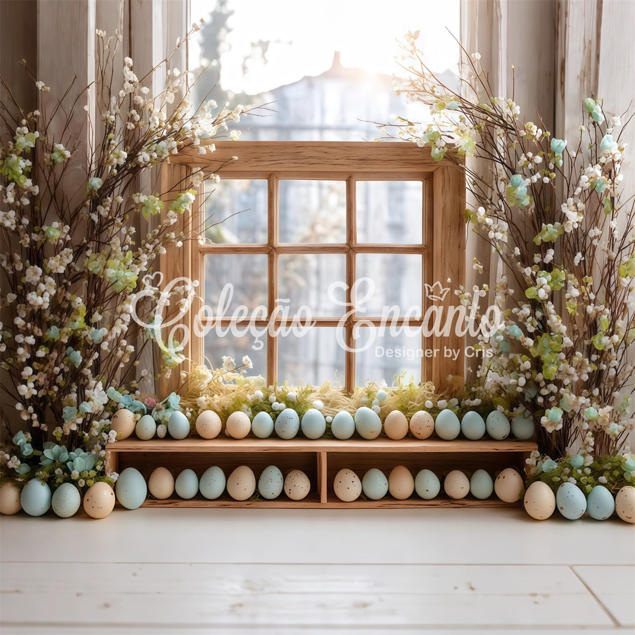 Hintergrund mit Ostereiern Blumenblüten Holzfenster Fotoshooting Osterhintergrund Von Magali
