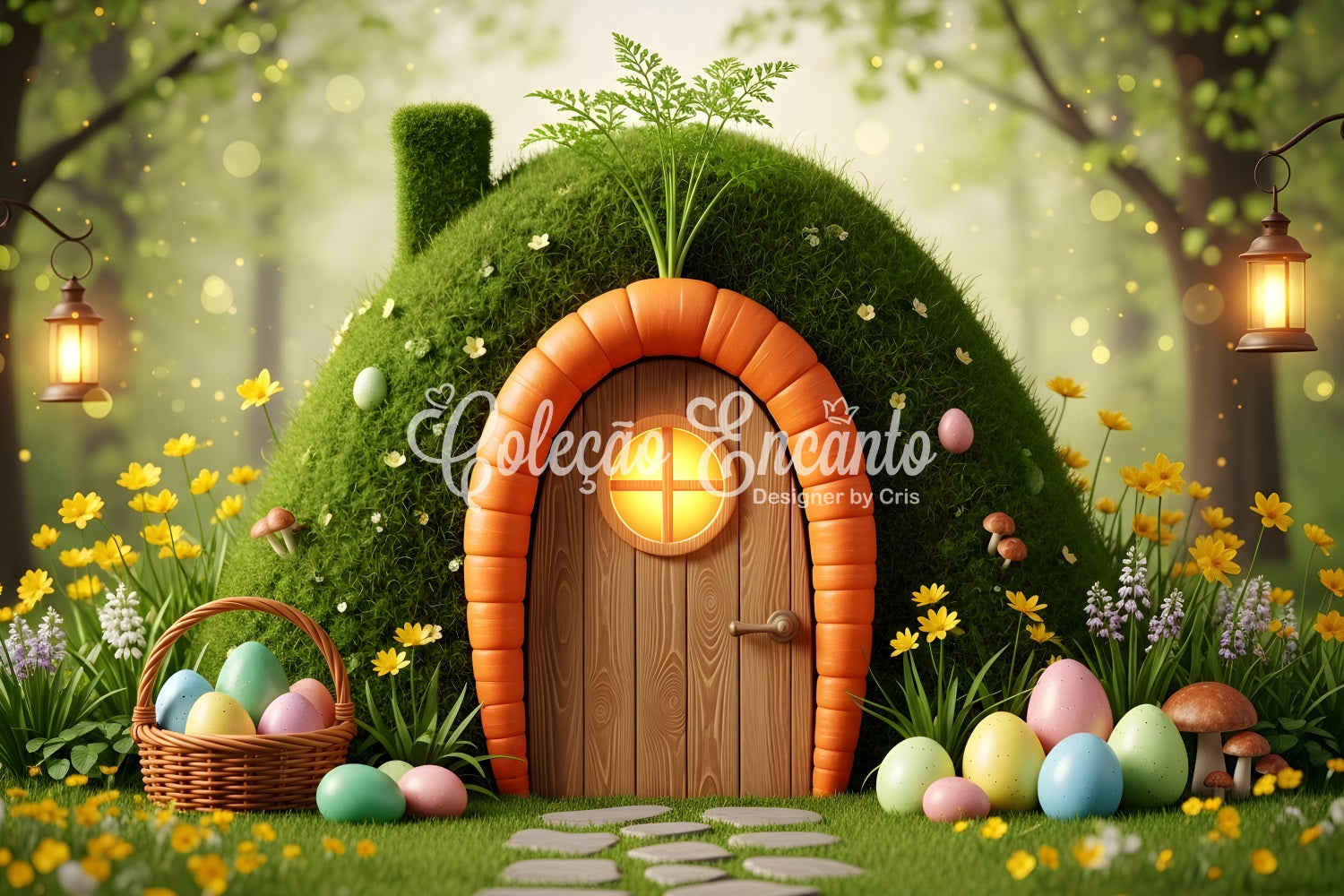 Natürlicher Osterhintergrund Karotten-Tür Moosiges Eierhaus Osterhintergründe für draußen Von Magali