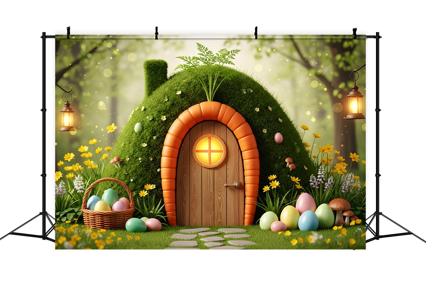 Natürlicher Osterhintergrund Karotten-Tür Moosiges Eierhaus Osterhintergründe für draußen Von Magali