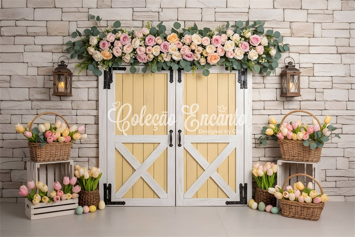 Osterkranz Türrahmen Hintergrund Gelbe Tür Tulpen Eierkorb Oster-Hintergrundbilder von Magali