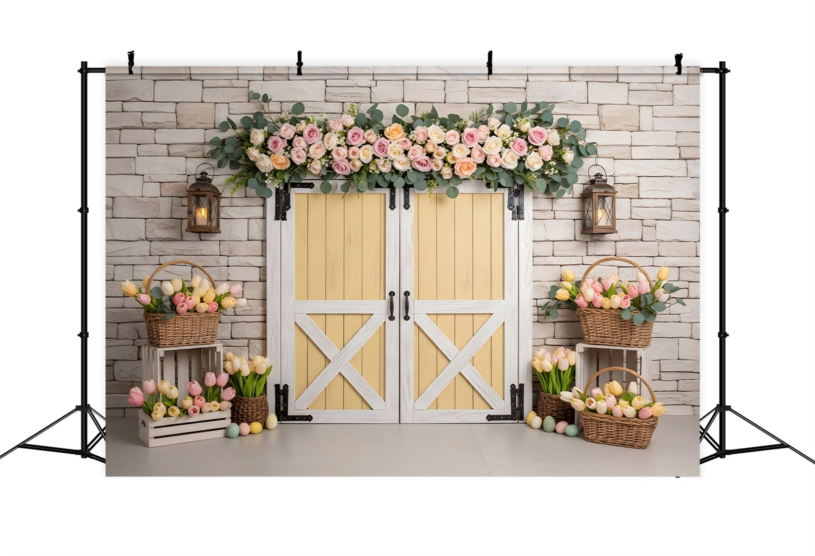 Osterkranz Türrahmen Hintergrund Gelbe Tür Tulpen Eierkorb Oster-Hintergrundbilder von Magali