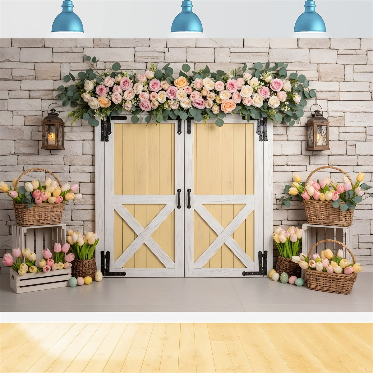 Osterkranz Türrahmen Hintergrund Gelbe Tür Tulpen Eierkorb Oster-Hintergrundbilder von Magali