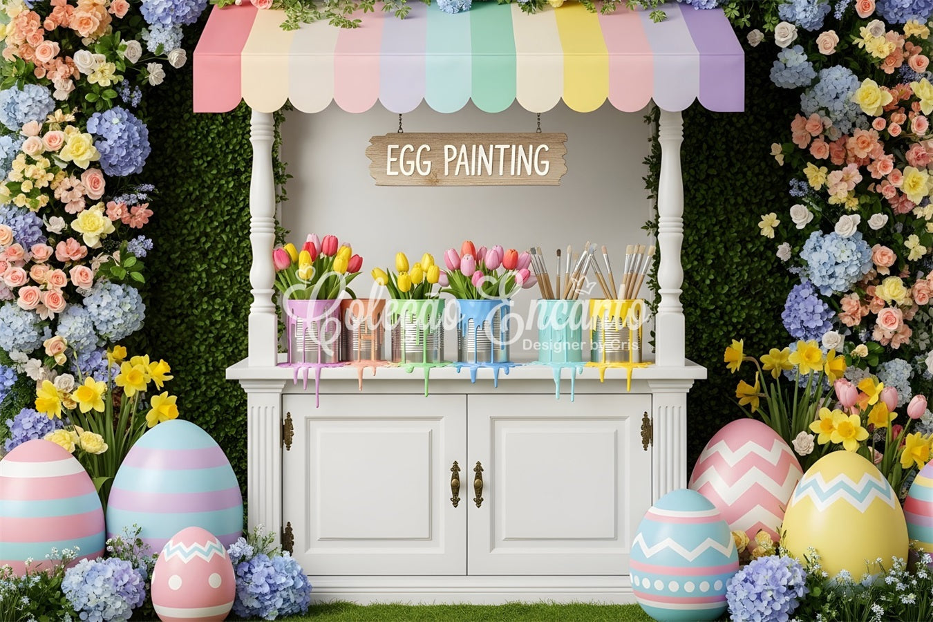 Oster-Narzissen-Hintergrund Eierbemalung Blumenstand Foto-Hintergründe Ostern von Magali