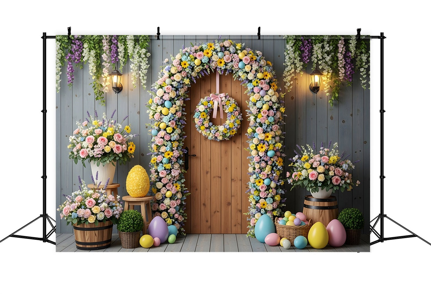 Oster-Frühlings-Blumenkranz-Hintergrund Blumiger Eierbogen Tür Oster-Hintergrundideen von Magali