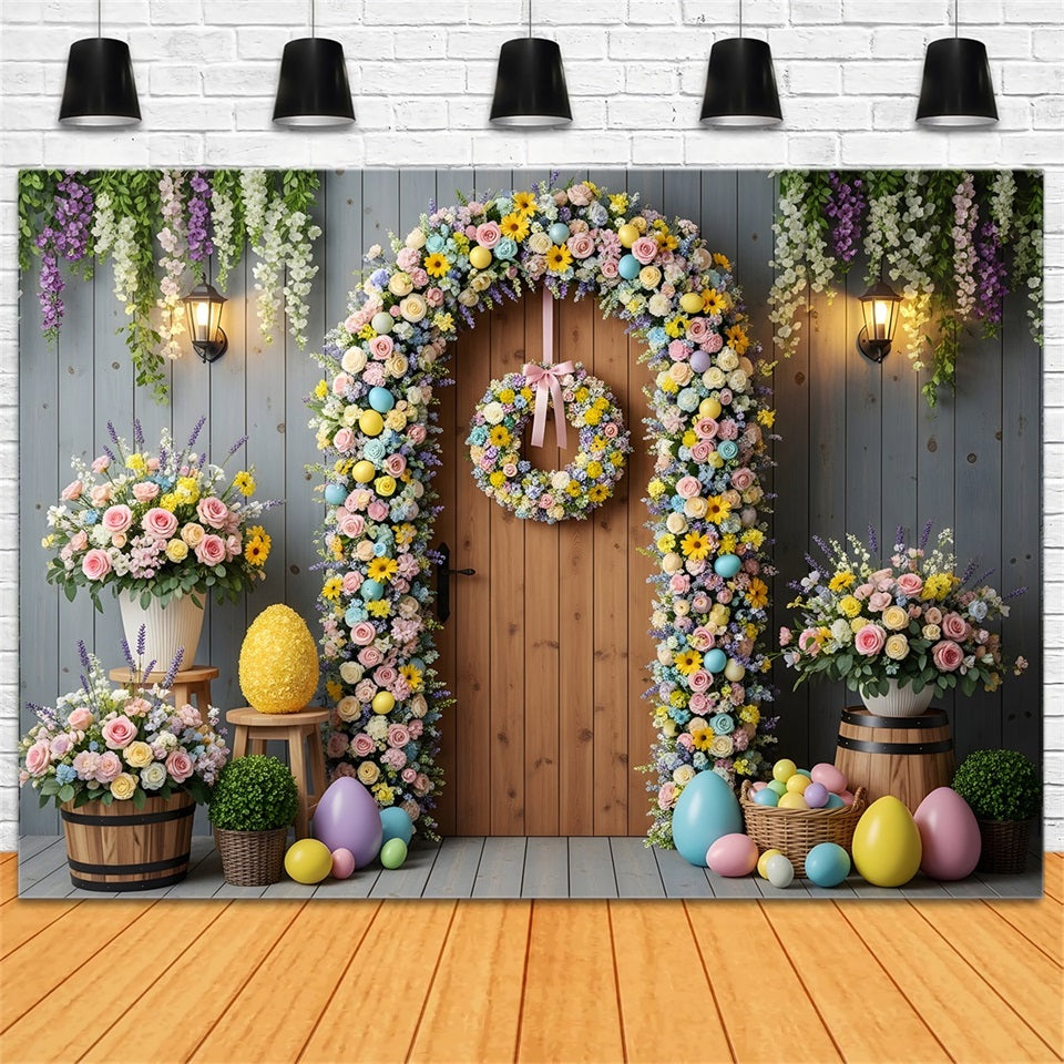 Oster-Frühlings-Blumenkranz-Hintergrund Blumiger Eierbogen Tür Oster-Hintergrundideen von Magali