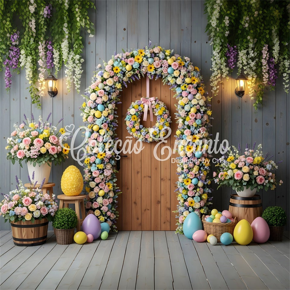 Oster-Frühlings-Blumenkranz-Hintergrund Blumiger Eierbogen Tür Oster-Hintergrundideen von Magali