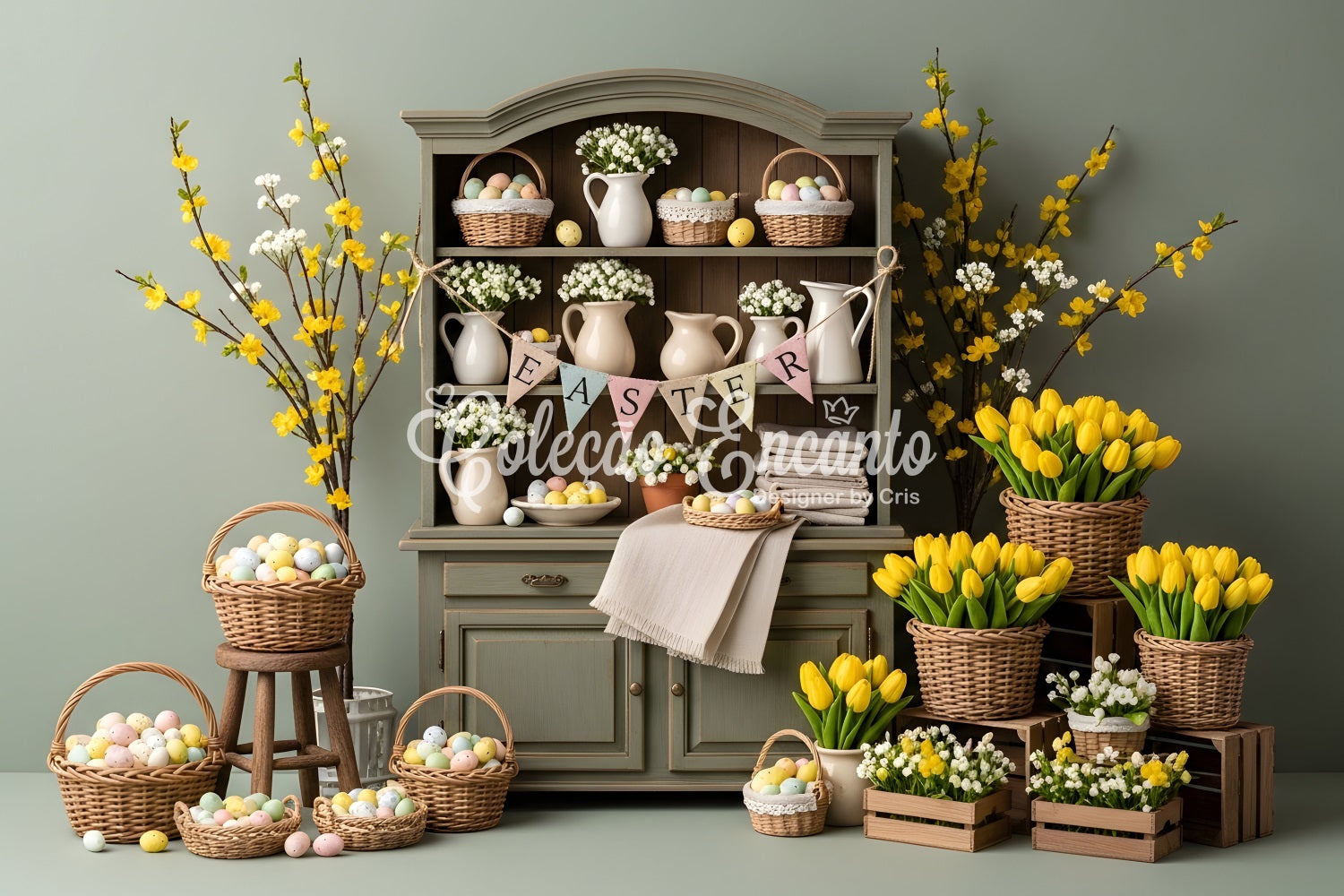 Oster-Tulpen-Hintergrund Oster-Schrank Eierkörbe Hintergrundideen für Ostern von Magali