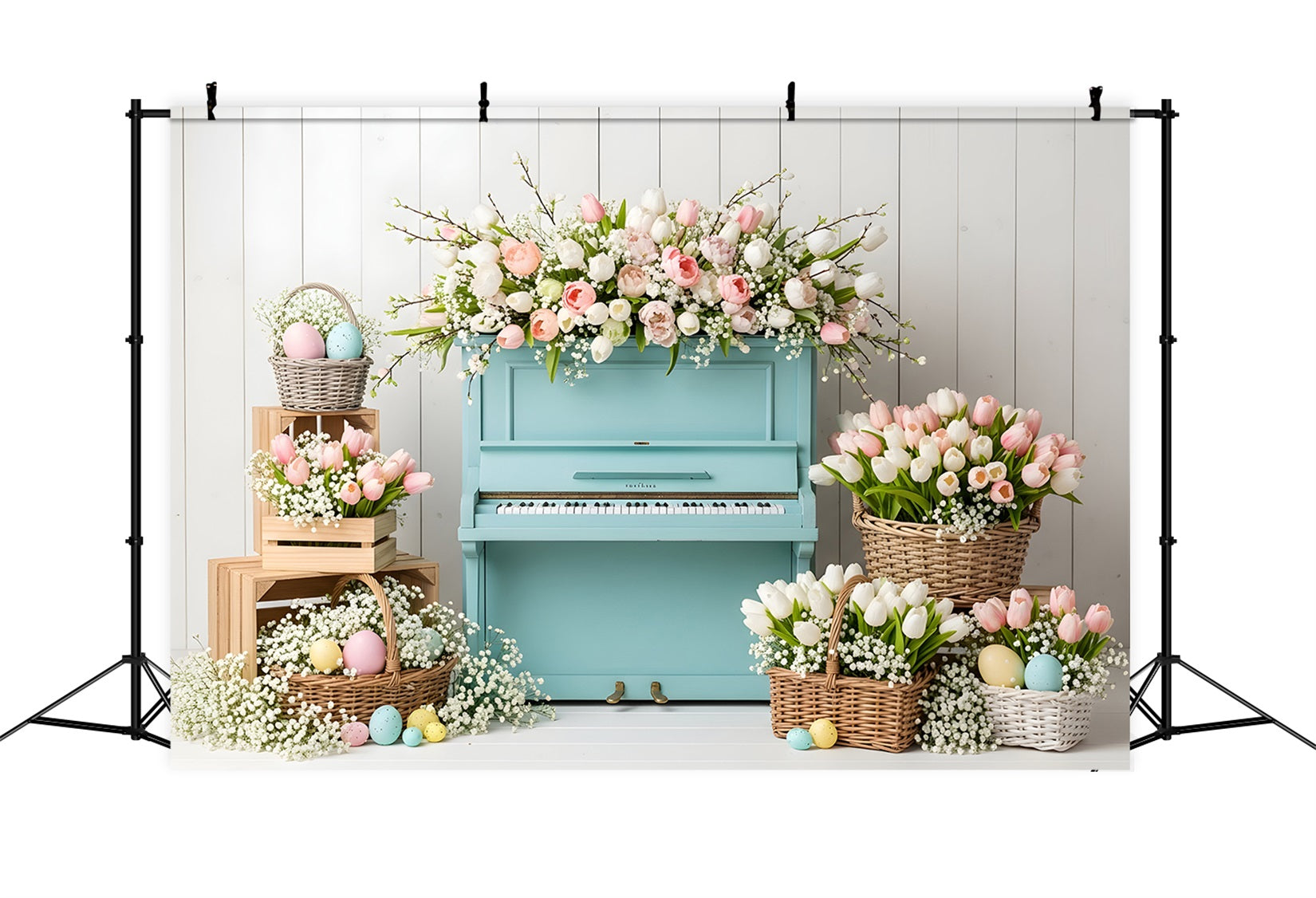 Oster-Tulpen-Hintergrund Blaues Klavier Eierkörbe Oster-Fotokabine Hintergrundideen von Magali