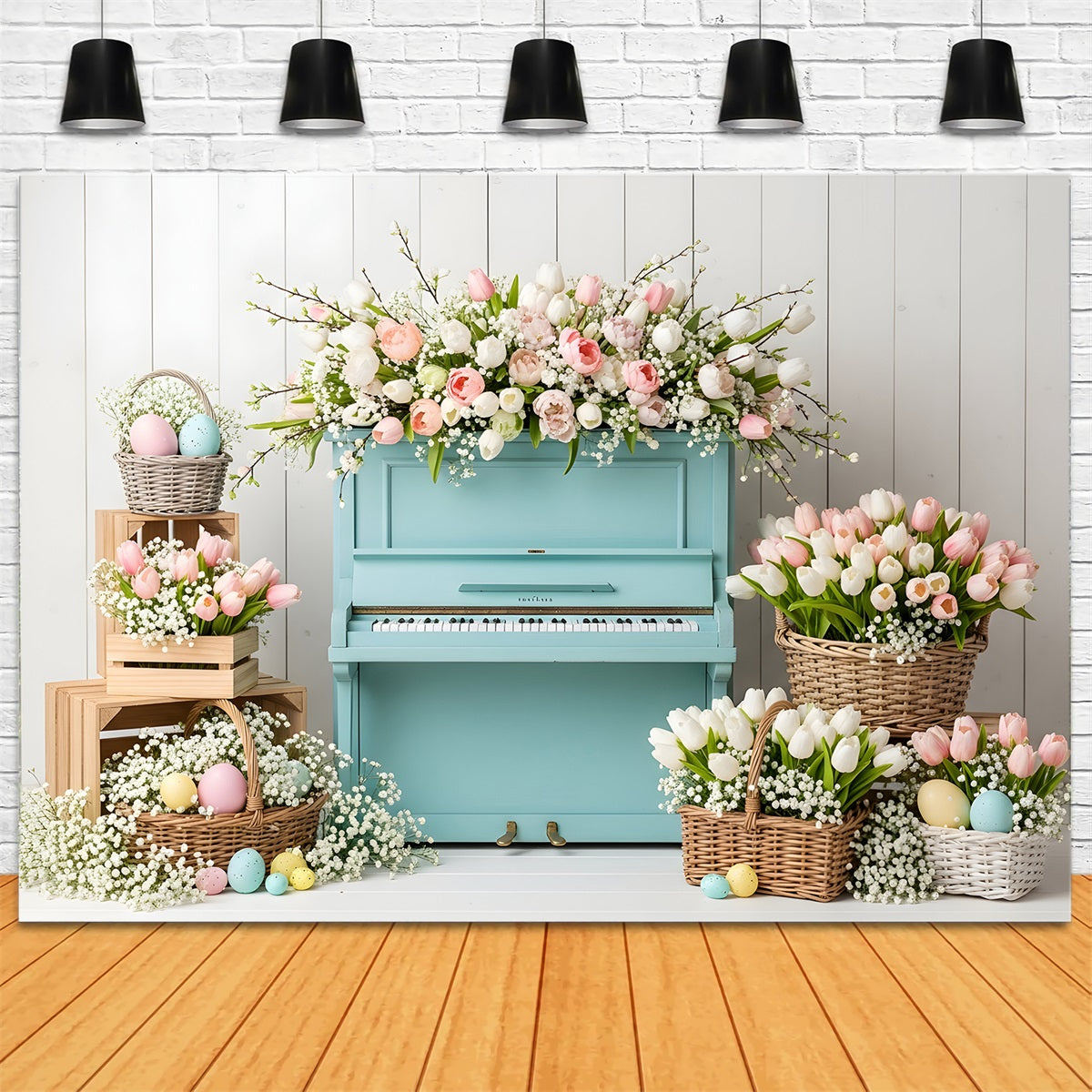 Oster-Tulpen-Hintergrund Blaues Klavier Eierkörbe Oster-Fotokabine Hintergrundideen von Magali
