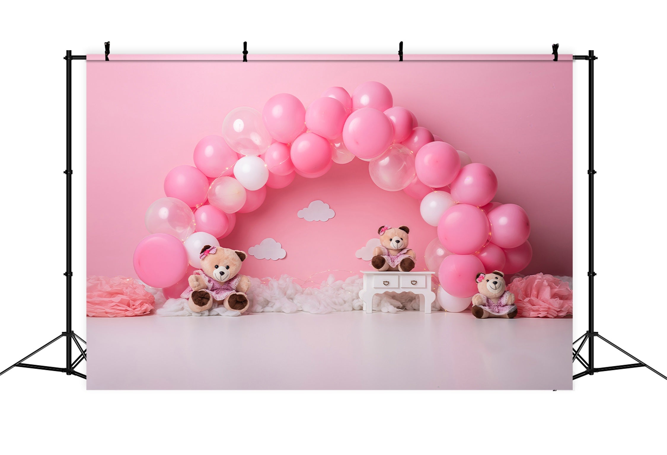 Neugeborenen-Hintergrund Rosa Ballonbogen Teddy-Trio Kinder-Fotohintergründe von Magali