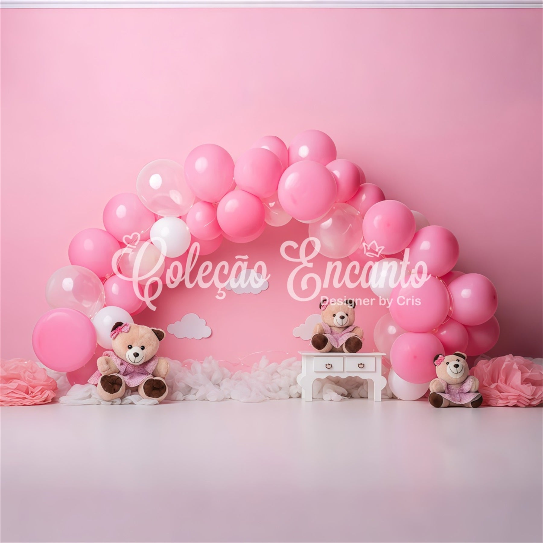Neugeborenen-Hintergrund Rosa Ballonbogen Teddy-Trio Kinder-Fotohintergründe von Magali