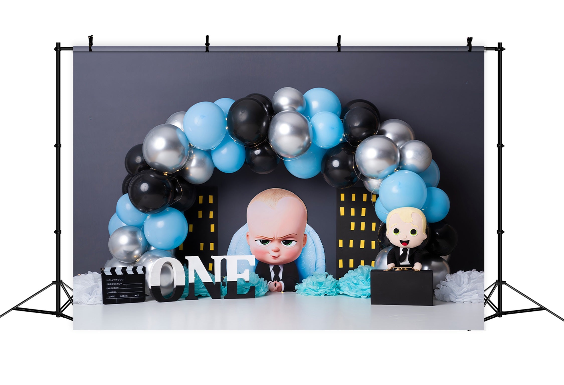 Kinder-Hintergrund Blau-Schwarz Ballon Stadt Boss Kinder-Geburtstagshintergrund von Magali