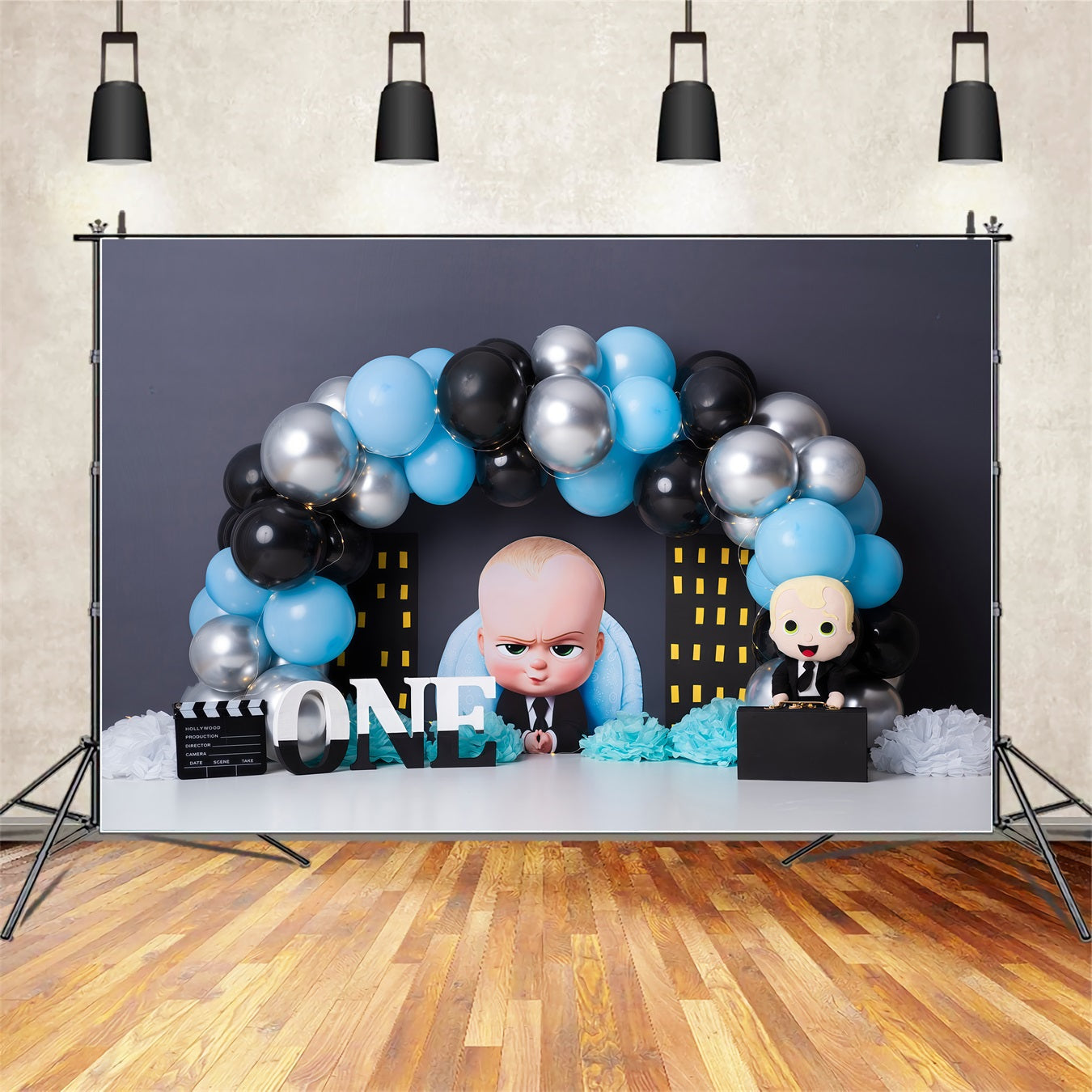 Kinder-Hintergrund Blau-Schwarz Ballon Stadt Boss Kinder-Geburtstagshintergrund von Magali