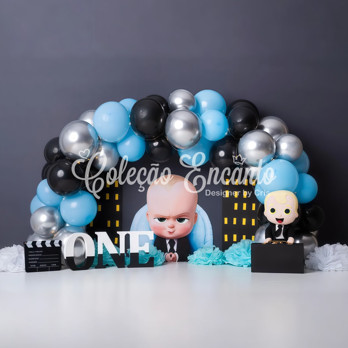Kinder-Hintergrund Blau-Schwarz Ballon Stadt Boss Kinder-Geburtstagshintergrund von Magali