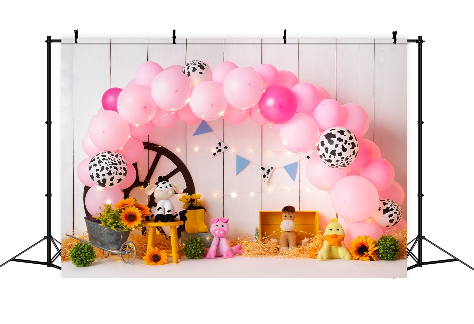 Neugeborenen-Fotohintergrund Rosa Bauernhof Ballon Sonnenblume Heu Cowgirl Hintergrundideen von Magali