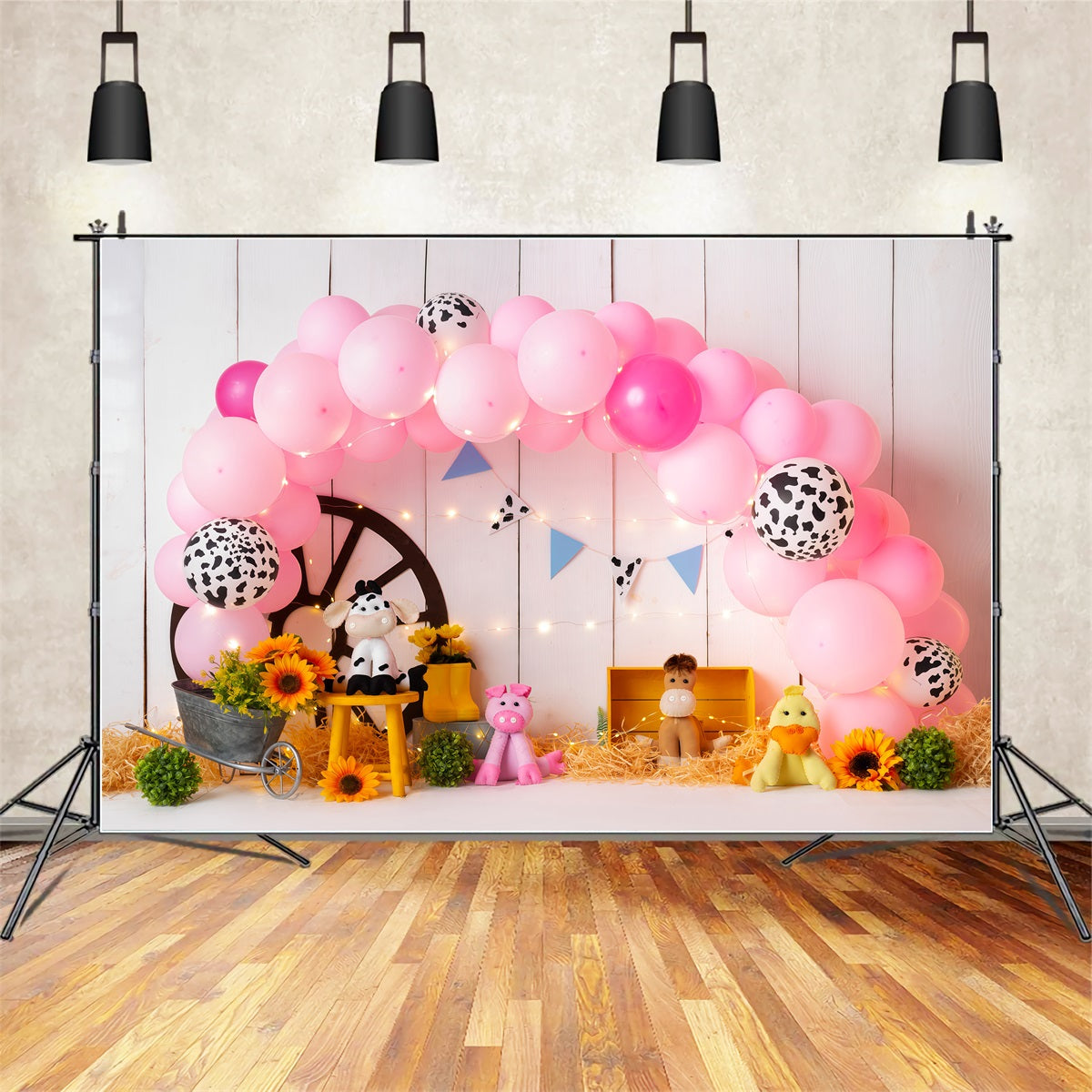 Neugeborenen-Fotohintergrund Rosa Bauernhof Ballon Sonnenblume Heu Cowgirl Hintergrundideen von Magali