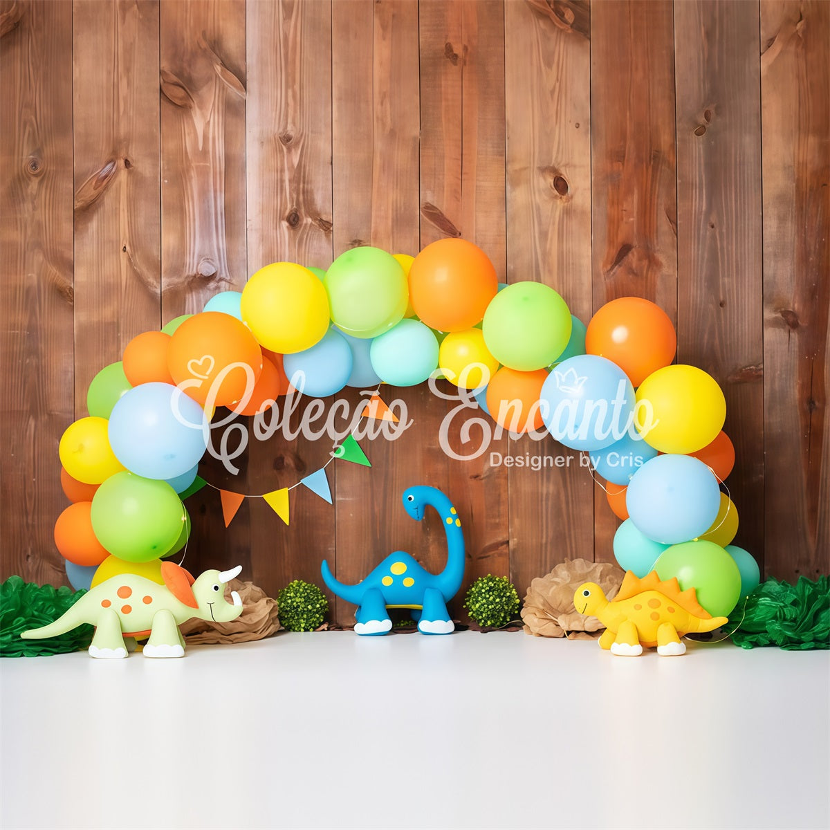Neugeborenen-Fotohintergründe Bunte Ballons Dinosaurier Party Bogen Kinder Hintergrund von Magali