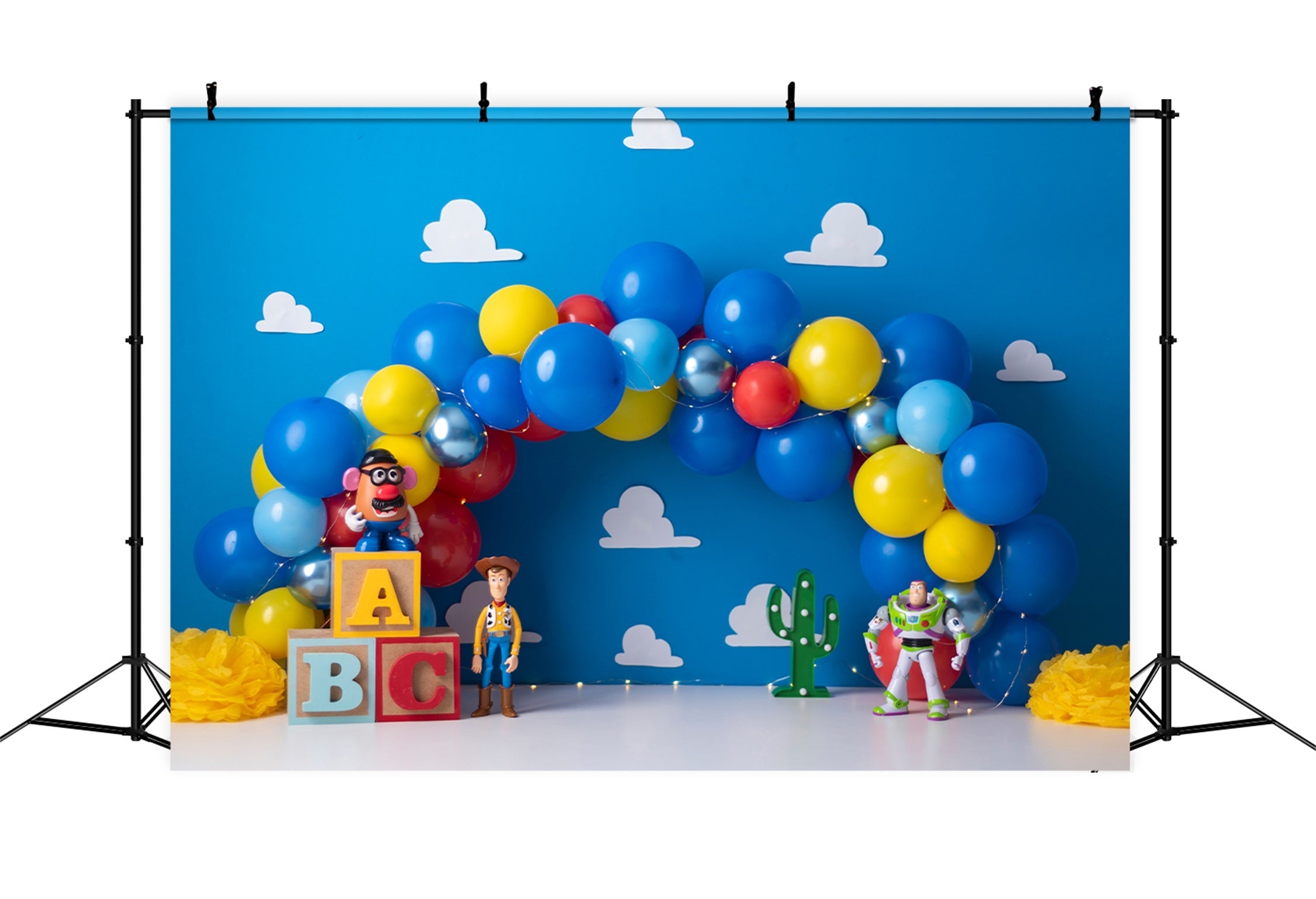 Hintergrund für Neugeborenenfotografie Blaue Ballons Spielzeug Cowboy Weltraum Kinder-Fotohintergrund von Magali