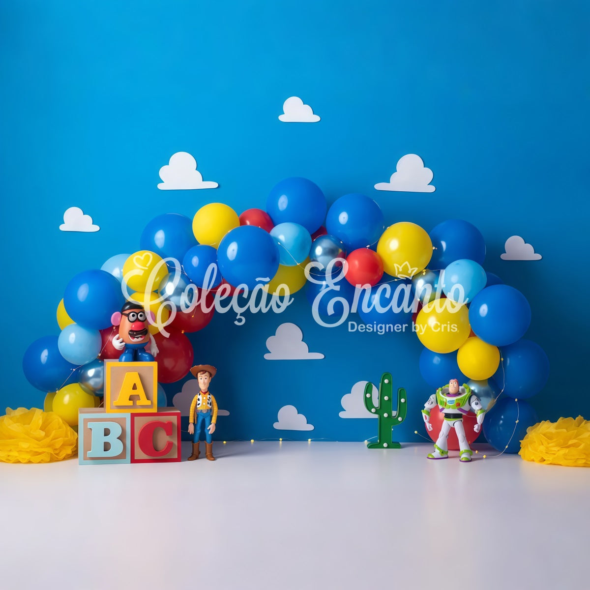 Hintergrund für Neugeborenenfotografie Blaue Ballons Spielzeug Cowboy Weltraum Kinder-Fotohintergrund von Magali