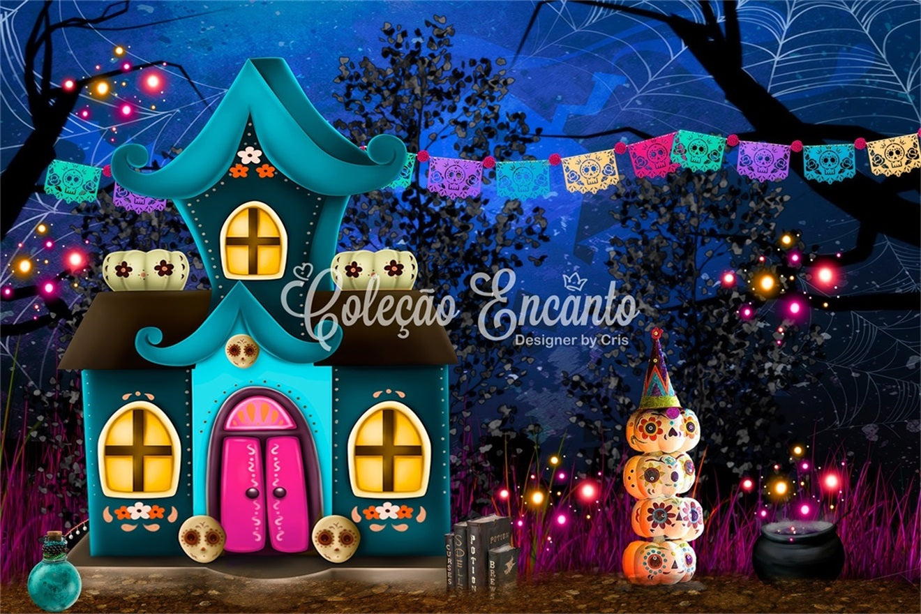 Kinder-Fotohintergründe Totenkopf-Kürbis-Fantasiehaus Kinder-Halloween-Fotohintergrund von Magali