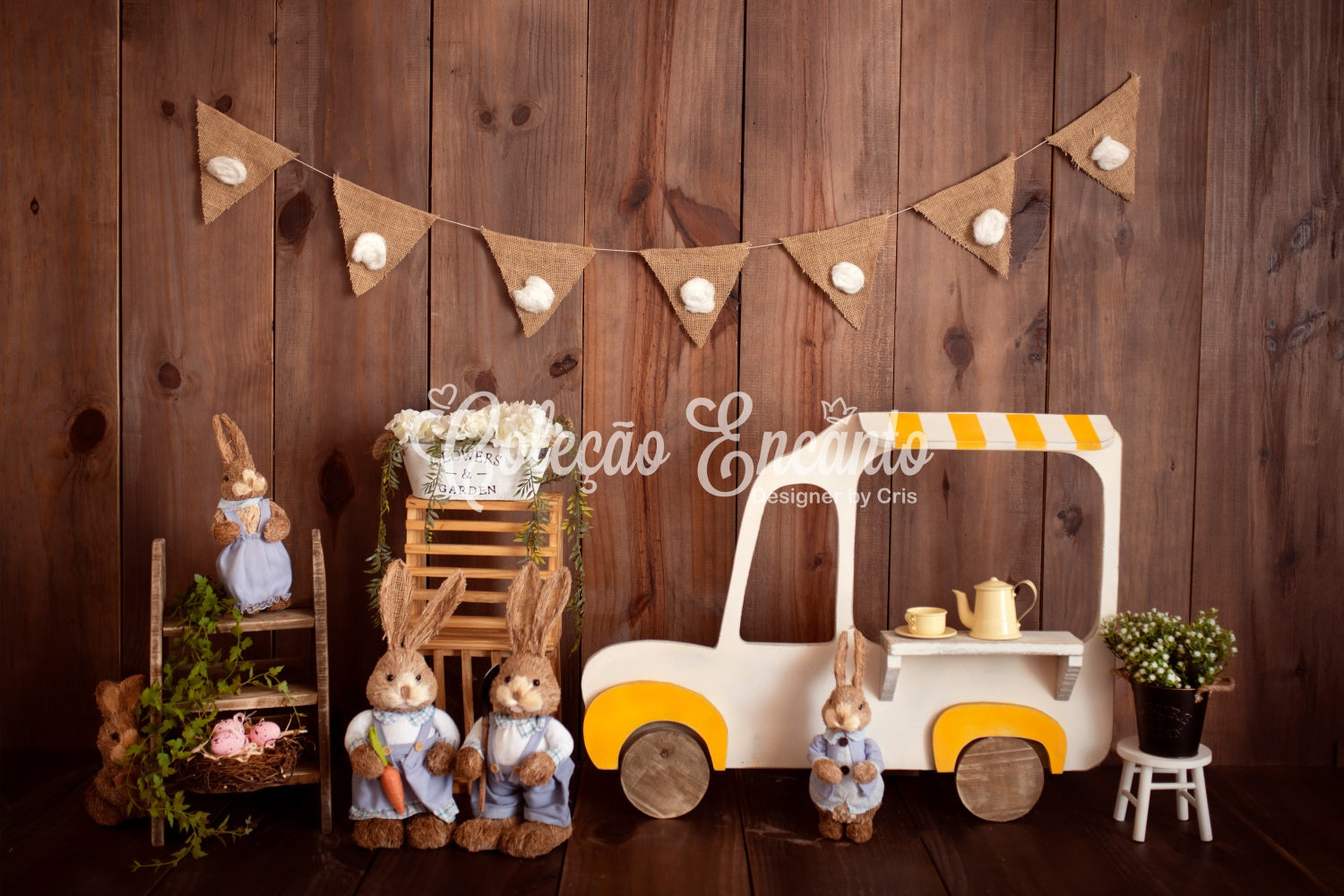 Kinderhintergründe Holzhasen-Eiswagen Oster-Fotohintergrund von Magali