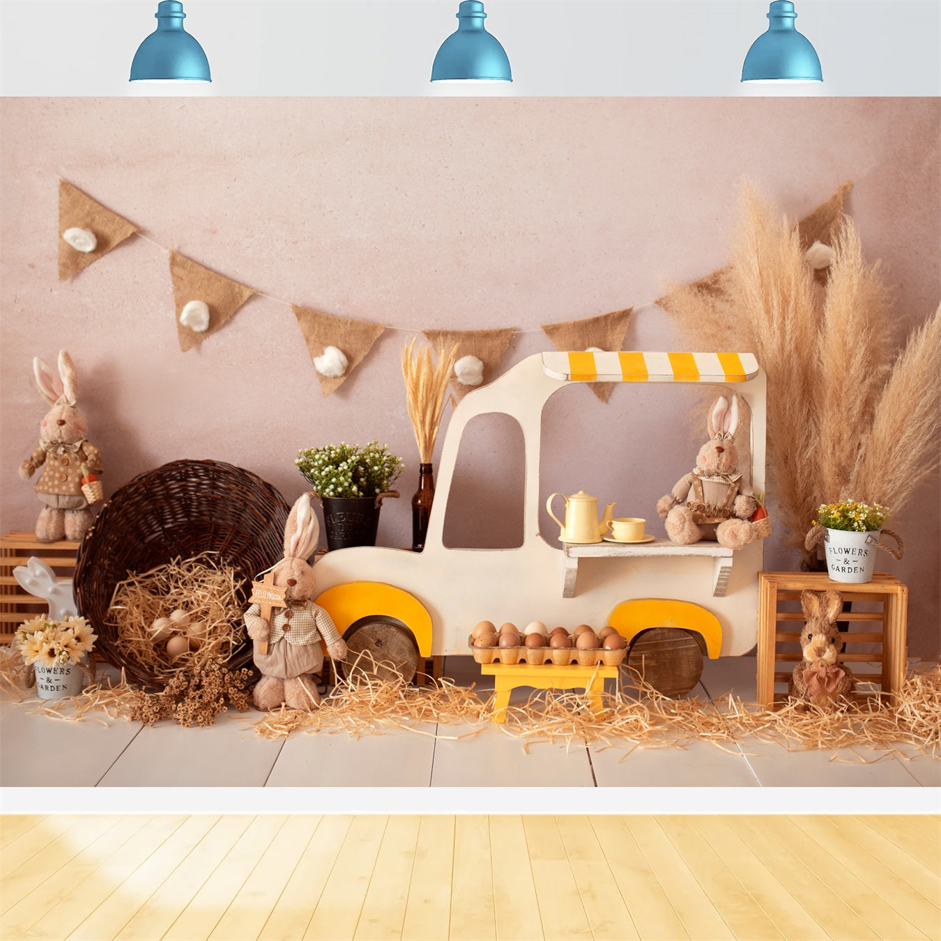 Kinderhintergrund Rustikaler Hasenmarktwagen-Display Osterhintergründe von Magali