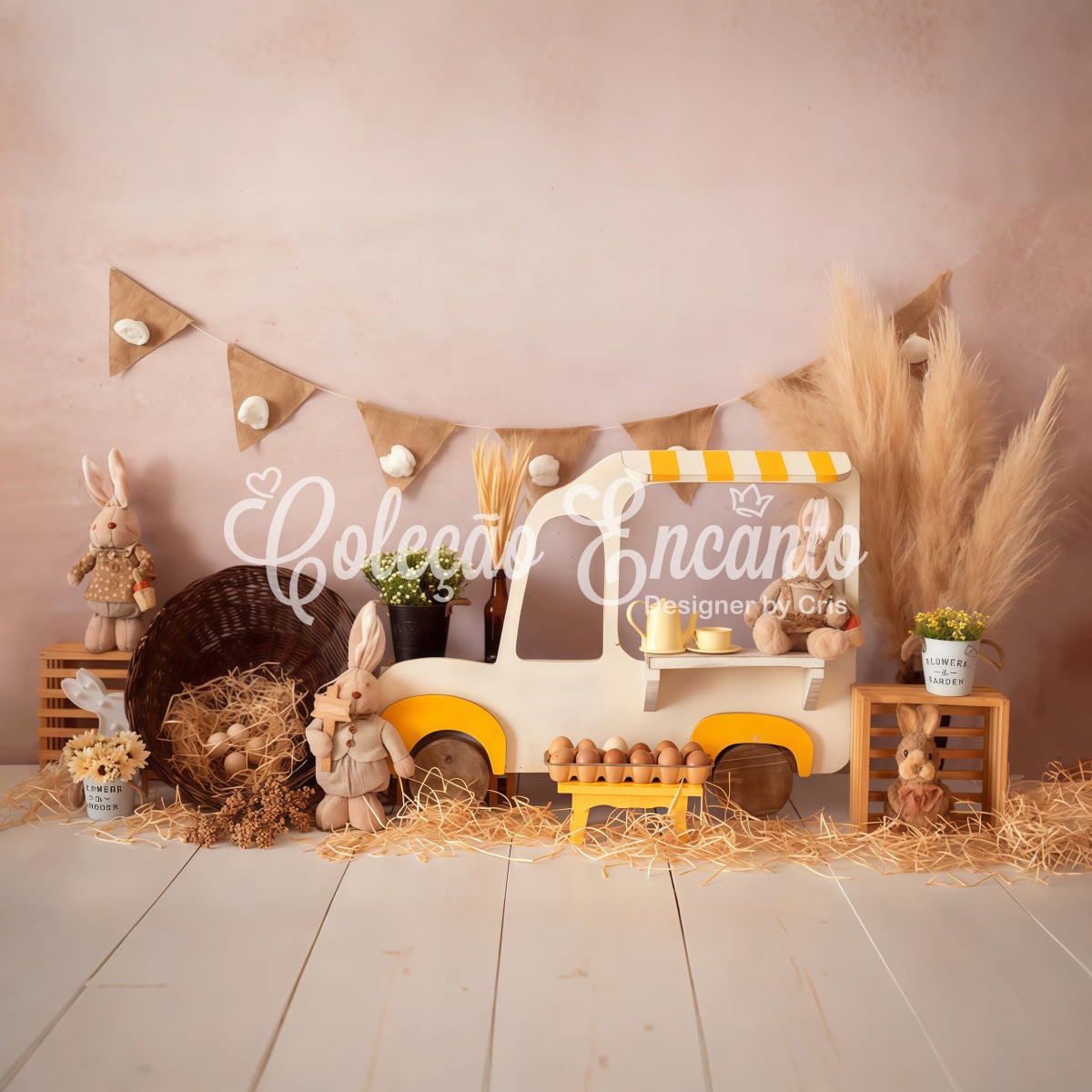 Kinderhintergrund Rustikaler Hasenmarktwagen-Display Osterhintergründe von Magali