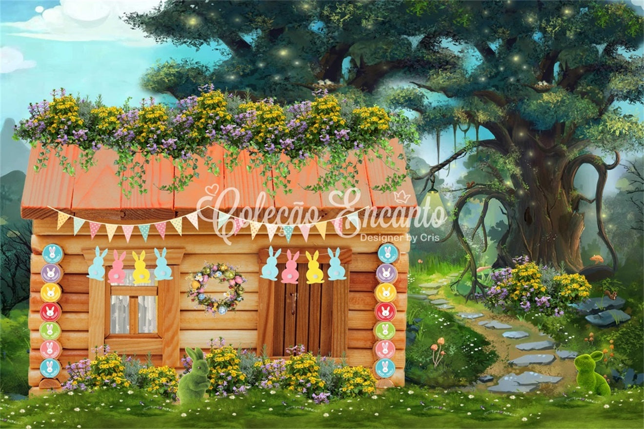 Kinder-Hintergrund Pastellfarbener Hasen-Garten Waldhäuschen Oster-Fotohintergrund von Magali