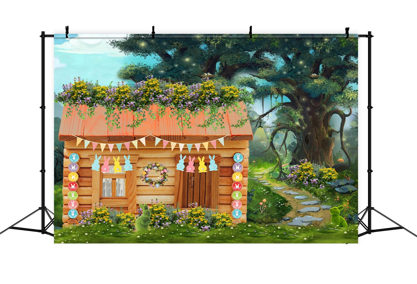 Kinder-Hintergrund Pastellfarbener Hasen-Garten Waldhäuschen Oster-Fotohintergrund von Magali