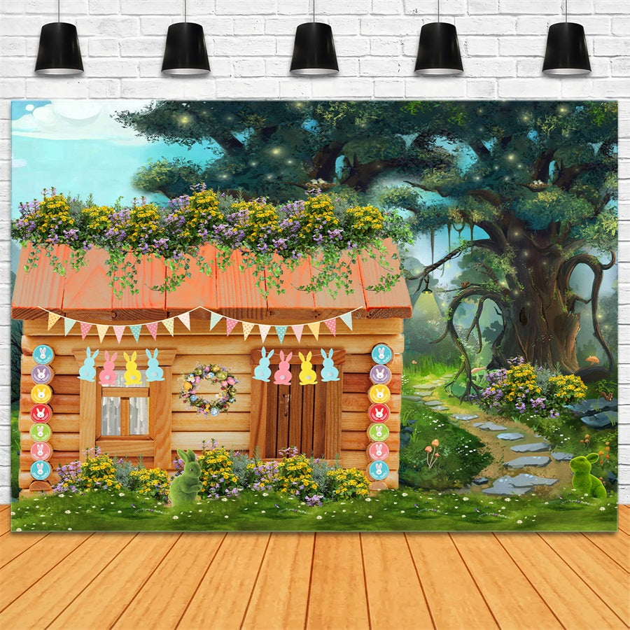 Kinder-Hintergrund Pastellfarbener Hasen-Garten Waldhäuschen Oster-Fotohintergrund von Magali