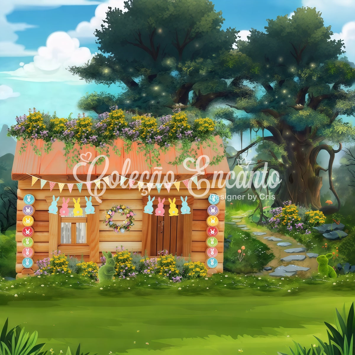 Kinder-Hintergrund Pastellfarbener Hasen-Garten Waldhäuschen Oster-Fotohintergrund von Magali