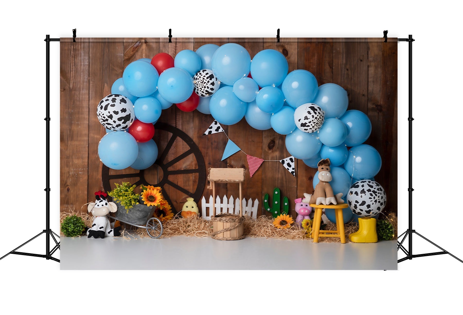 Kinderhintergründe Blaue Kuh Druck Bauernhof Ballonbogen Cowboy Hintergrund von Magali