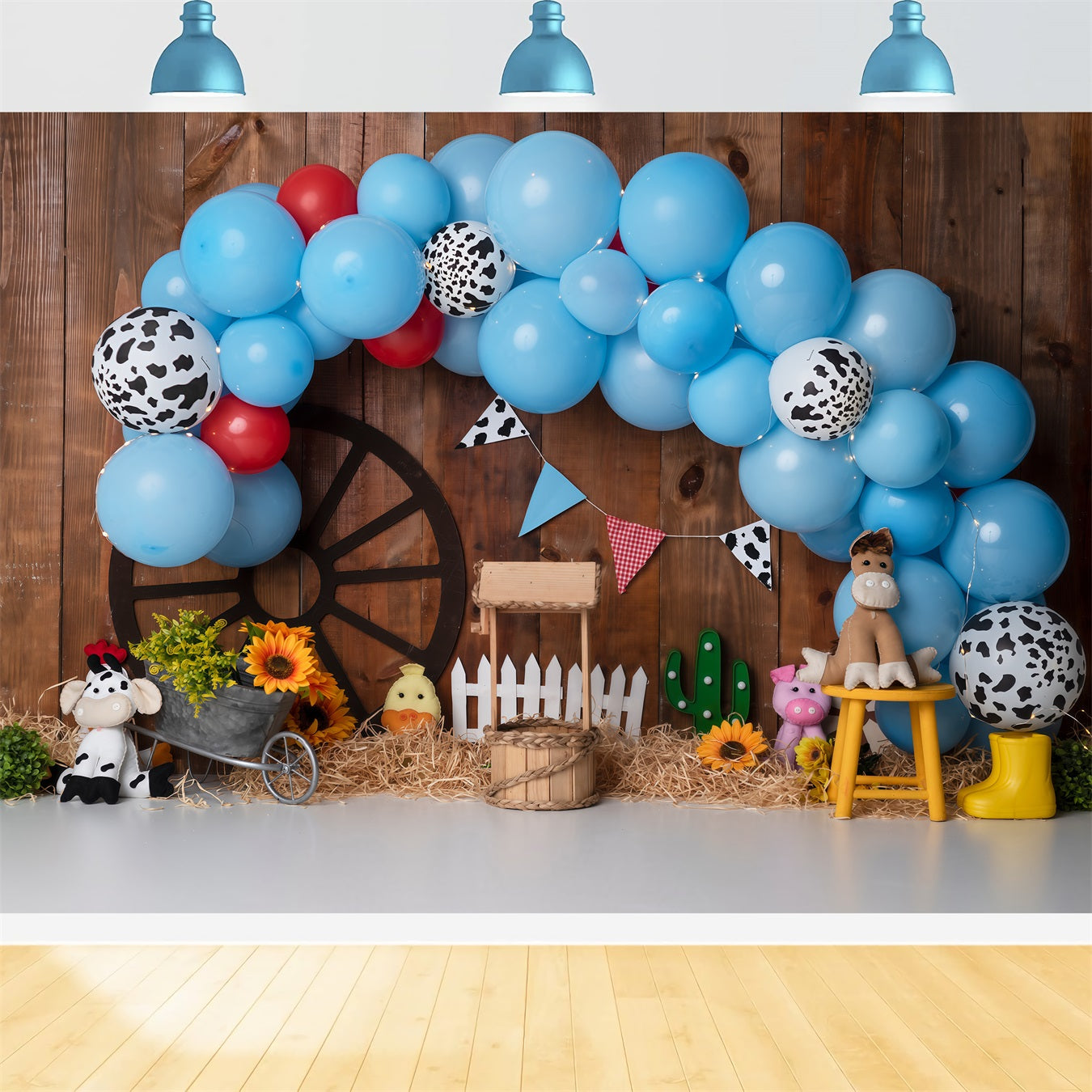 Kinderhintergründe Blaue Kuh Druck Bauernhof Ballonbogen Cowboy Hintergrund von Magali