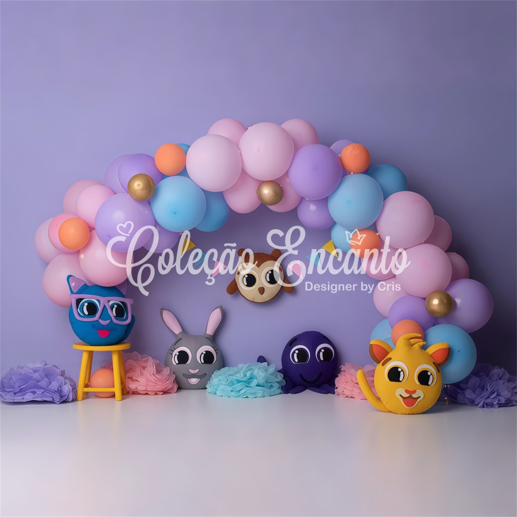 Hintergründe für Kinderfotografie Pastellfarbene Cartoon-Tier-Ballonbogen Kinderhintergrund von Magali