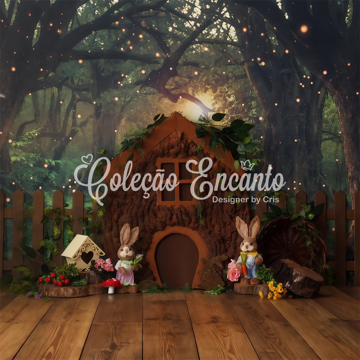 Kinderfotografie-Hintergrund Zauberwald Baumhaus Cottage Osterhase-Hintergrund von Magali