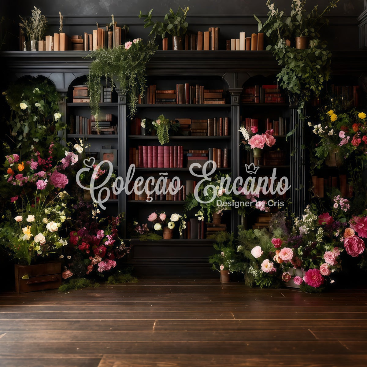 Hintergrund für Muttertagsfotos Bibliothek voller Blumen Vintage-Charme Hintergrund für Fotokabine zum Muttertag von Magali