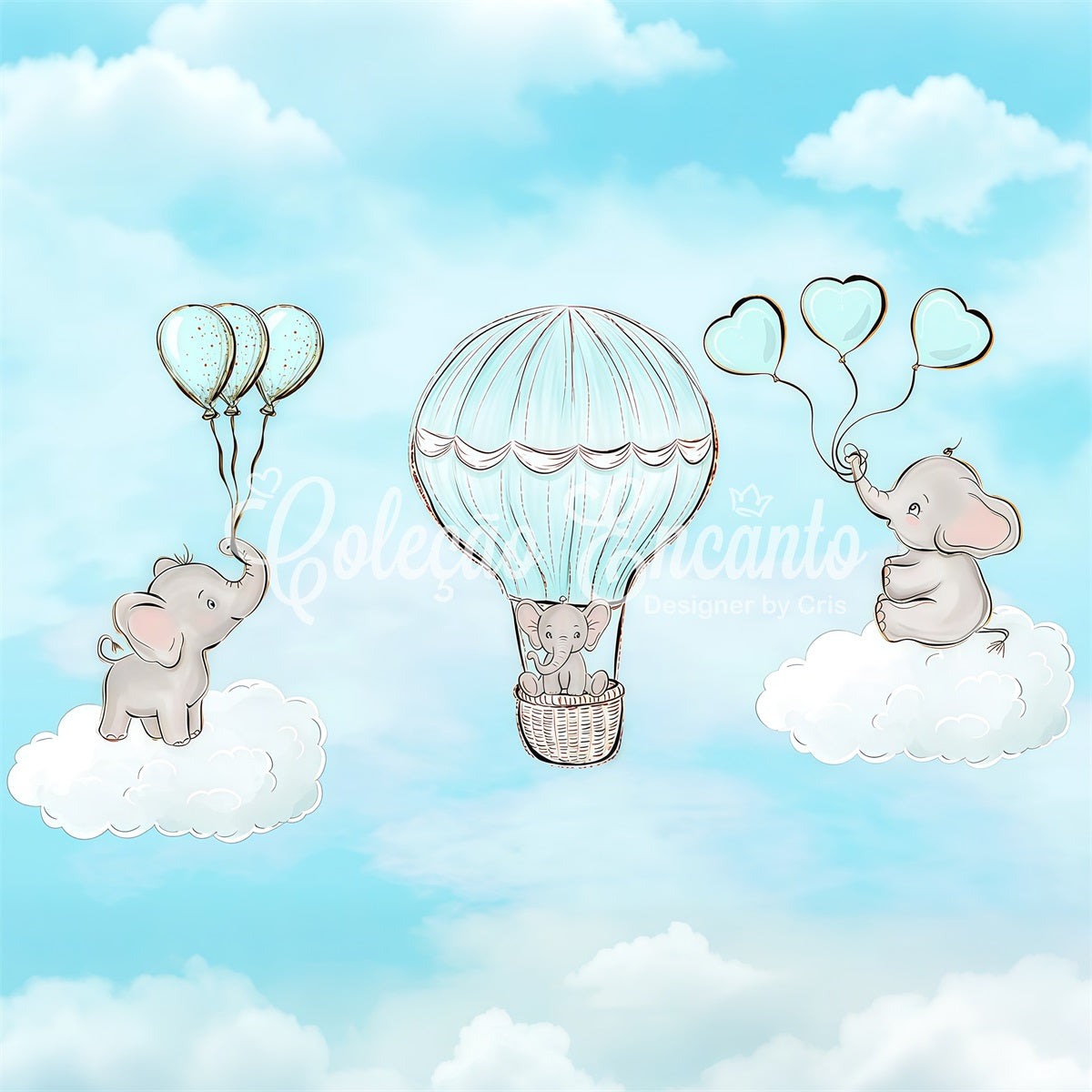 Hintergründe für Kinder Baby-Elefant Wolkenballonfahrt Neugeborenen-Fotohintergrund von Magali