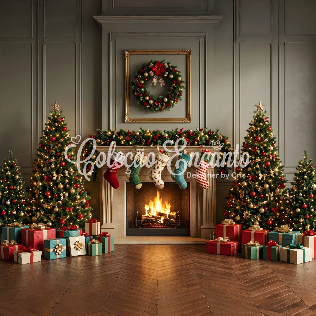 Gemütlicher Wohnzimmer Kamin Szene Stockings Baum Winter CEM65-109