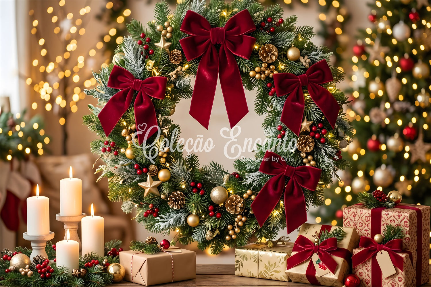 Festlicher Samt Hintergrund Schleife Kranz Kerzen warme Weihnachten CEM65-110