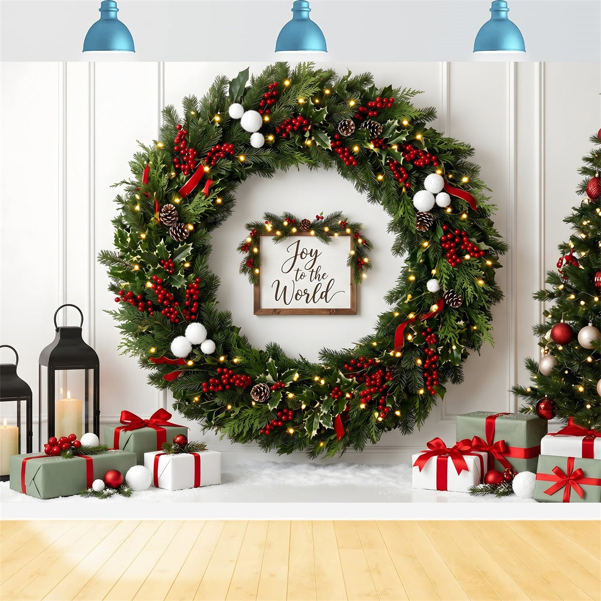 Winter Wand Szene Stechpalme Beeren Kranz Geschenke Laternen CEM65-111