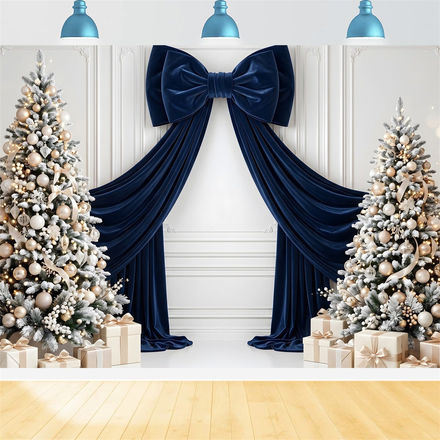 Winter Studio Hintergrund Navy Schleife Frost Bäume elegante Szene CEM65-115