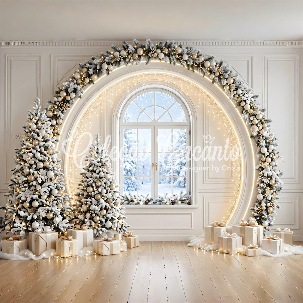 Festlicher Winter Fotohintergrund Elfenbein Gold Fensterbogen Tannenbäume Szene CEM65-133