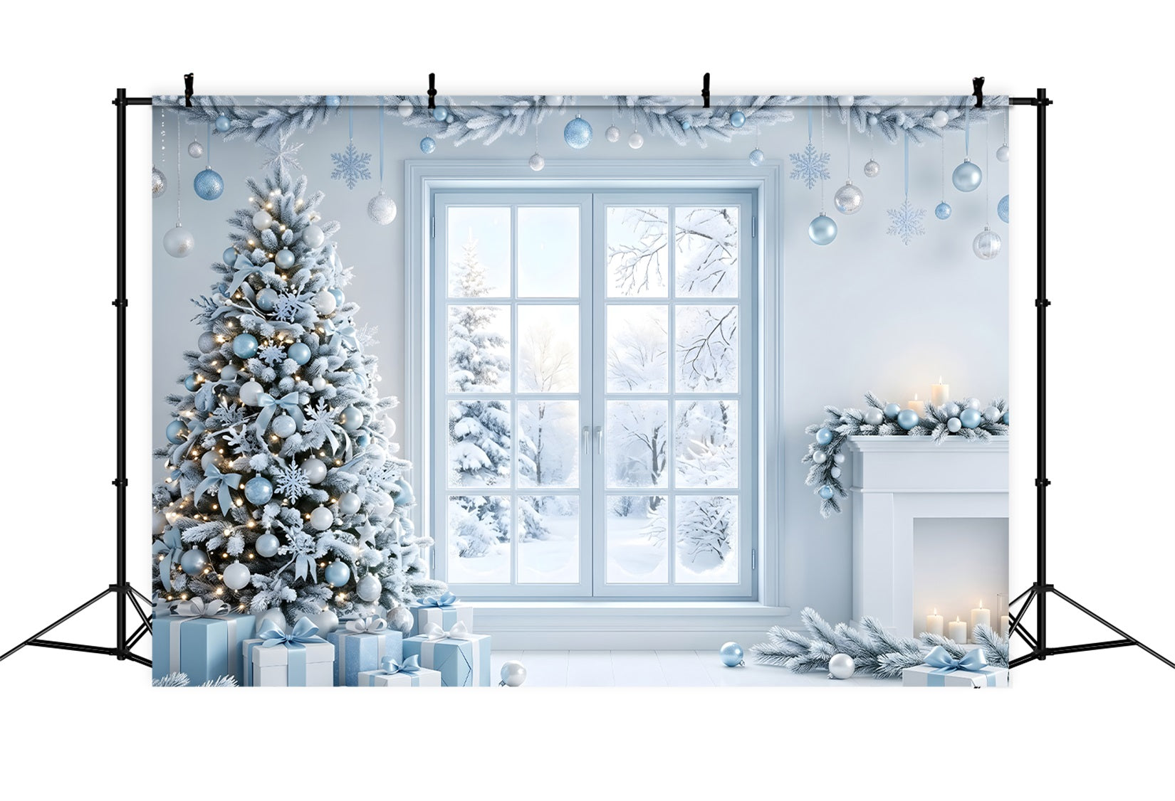 Winter Fotohintergrund eisblaues Fenster Baum Kamin Szene Fotografie CEM65-136