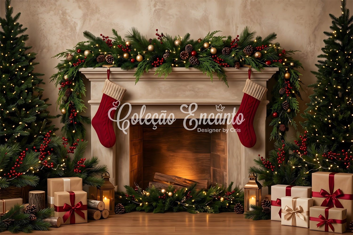 Winter Kamin Szene gemütliche Strümpfe Girlande Geschenke Weihnachten CEM65-141