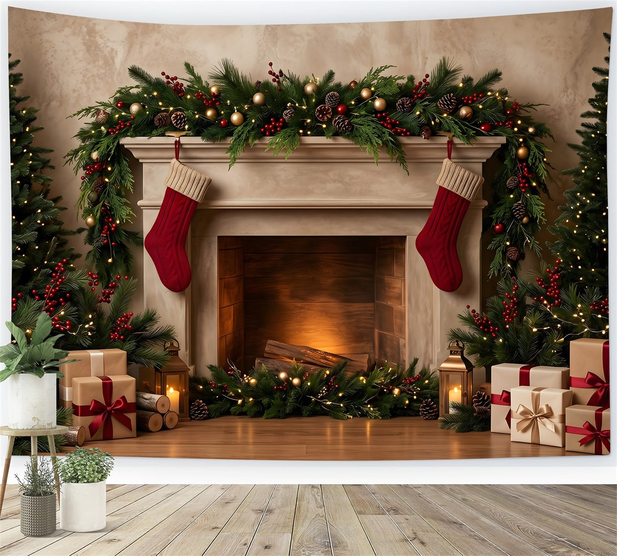 Winter Kamin Szene gemütliche Strümpfe Girlande Geschenke Weihnachten CEM65-141