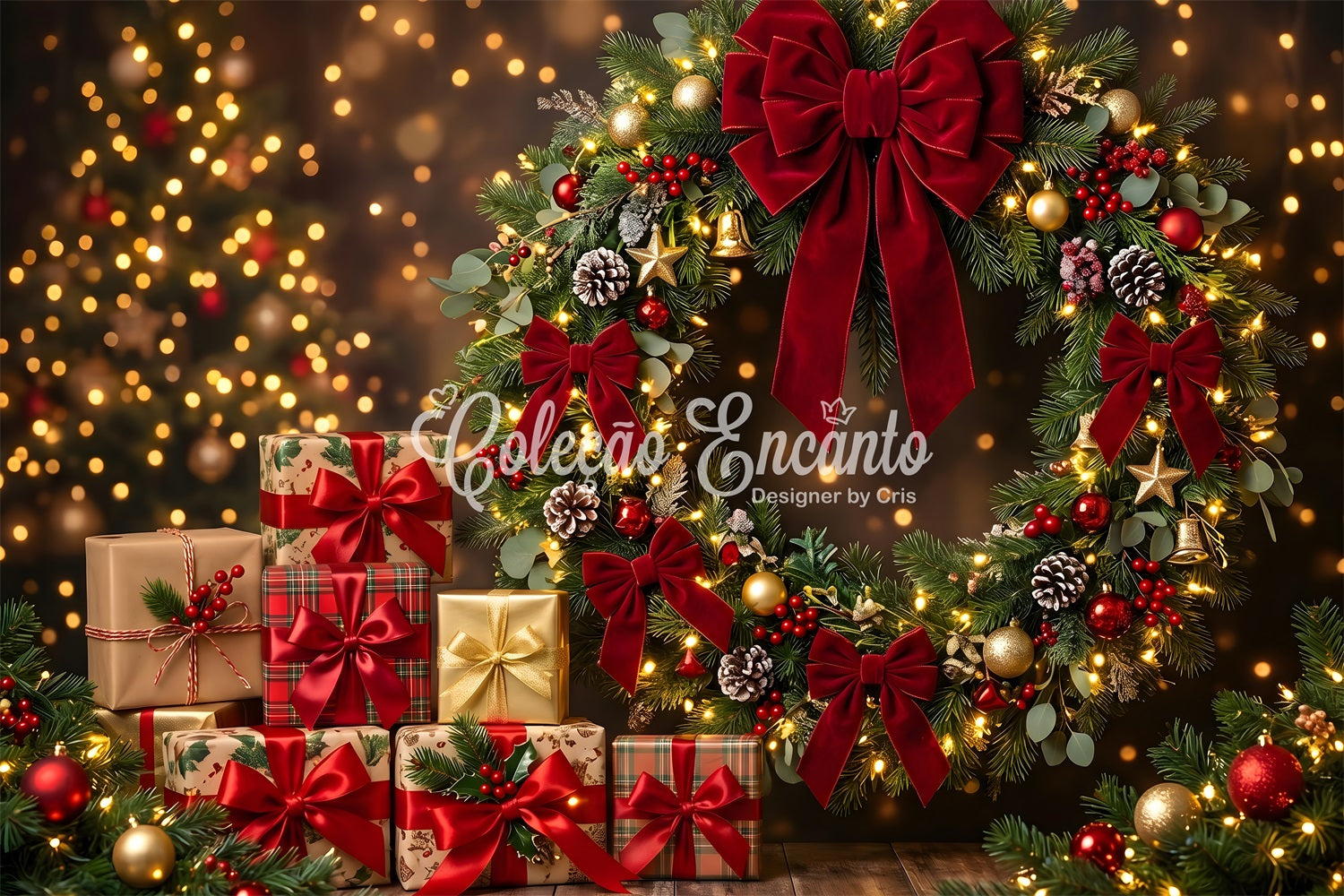 Festlicher Fotohintergrund Rote Schleife Kranz Geschenke Winter CEM65-143