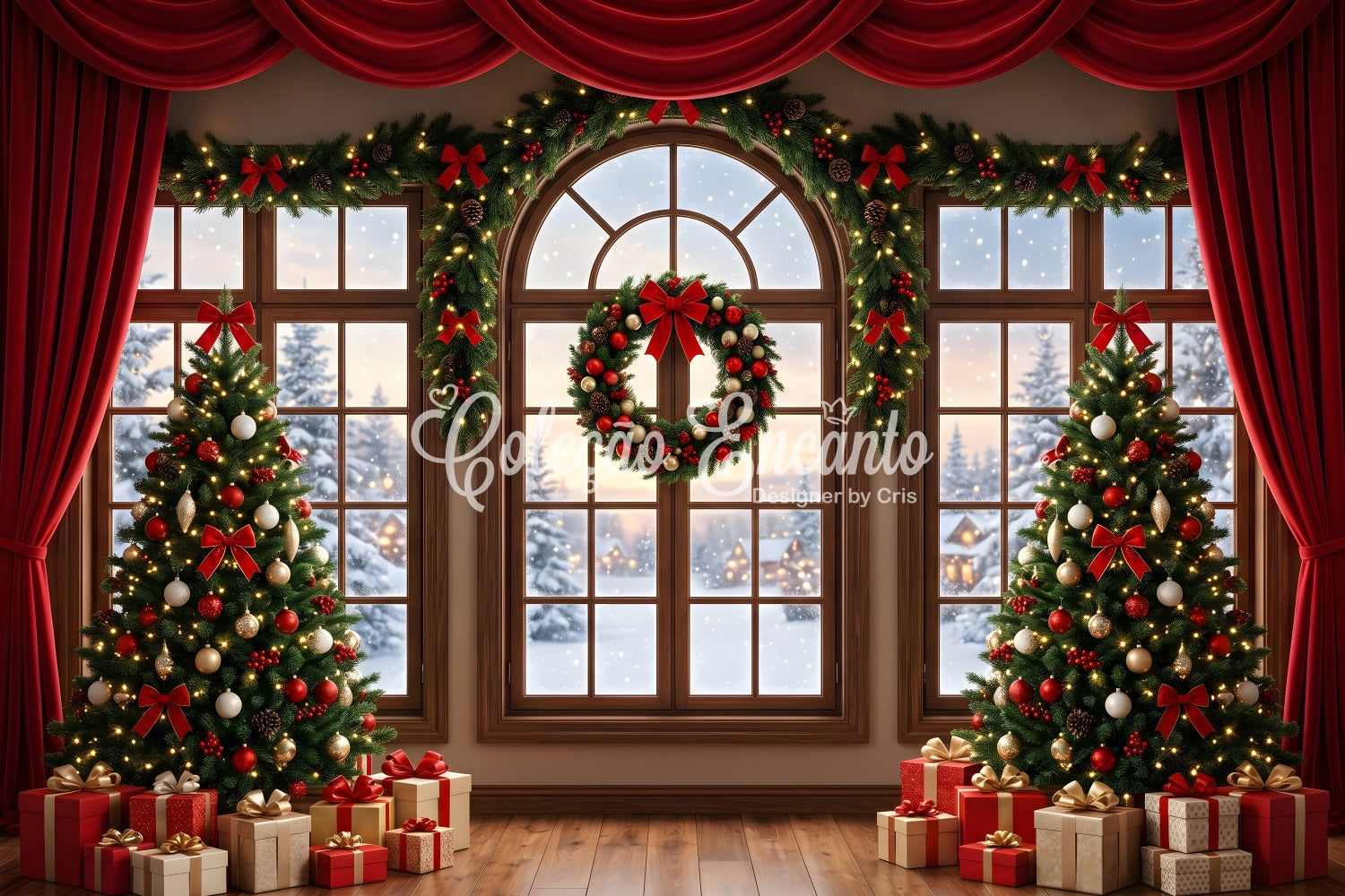 Festlicher Winter Fotohintergrund rotes drapiertes Fenster Kranz Bäume Szene Fotografie CEM65-145