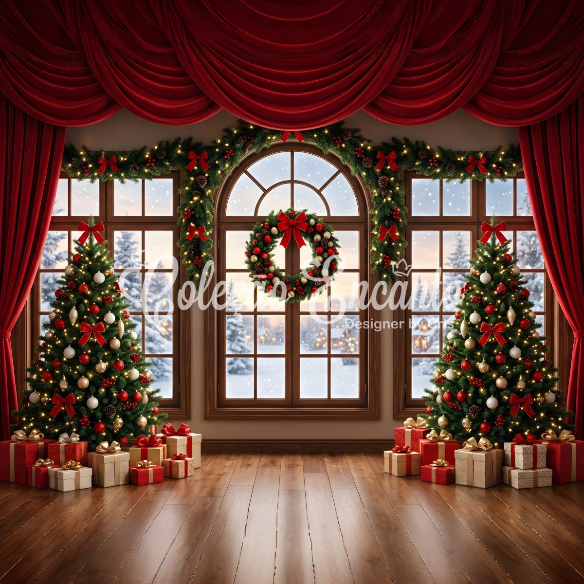 Festlicher Winter Fotohintergrund rotes drapiertes Fenster Kranz Bäume Szene Fotografie CEM65-145
