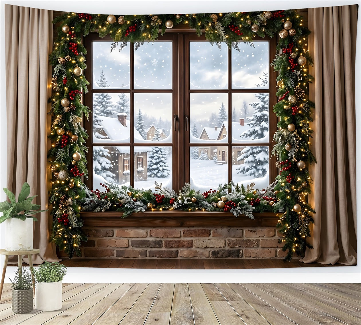 Winter Fenster Szene Schnee Dorf Girlande Vorhang Fotobox CEM65-146
